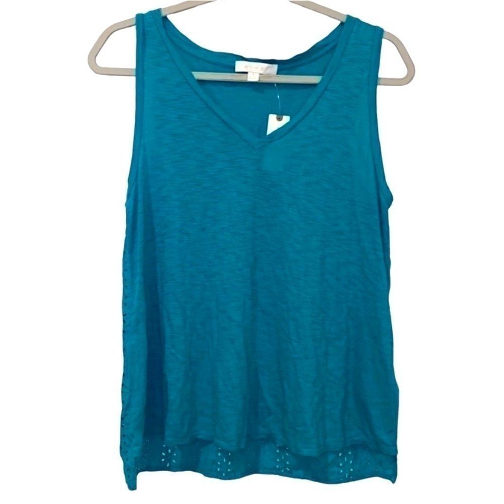 Eri + Ali Anthropologie Turquoise Vneck Eyelet Back Loose Tank Top Shirt‌‌